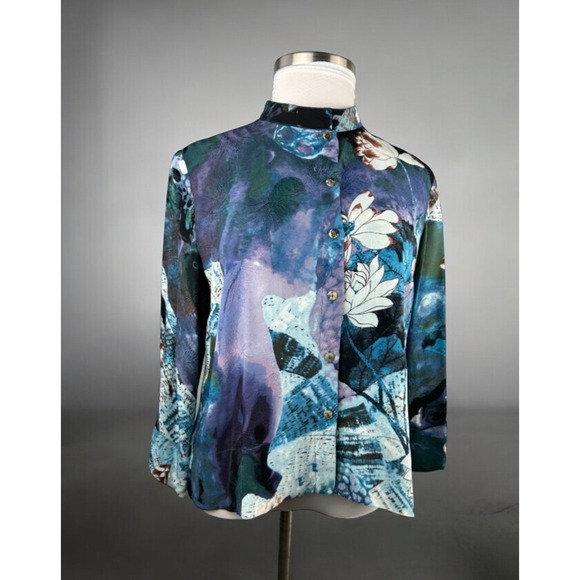 NWT CITRON Santa Monica 100% Silk Button Front Blouse Abstract Floral Size XL - Picture 16 of 16